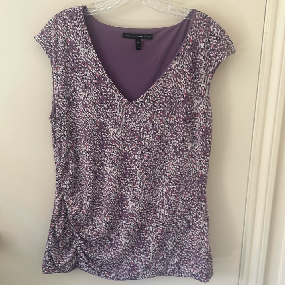 White House Black Market- purple knit top, ruching on right front side, Size L